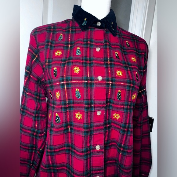 Bobbie Brooks Vintage Christmas Plaid Shirt Velvet Collar Embroidered Trees - Picture 10 of 11